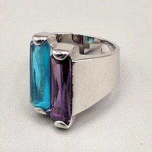 RS Covenant Ring Blue Purple Gemstones Rhodium Plated Wide Band Size 6.5
